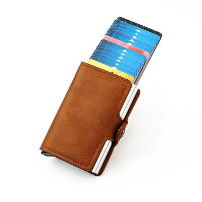 （Layor wallet） วินเทจหนัง PU ผู้ถือบัตรสำหรับผู้ชายผู้หญิงโลหะกระเป๋าสตางค์ RFID สมาร์ทกล่องคู่มินิธุรกิจบัตรเครดิตผู้ถือป้ายปก