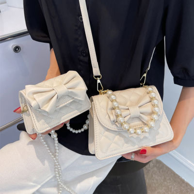 2022 Spring Small Quilted PU Womens Shoulder Crossbody Bag Bow-embellished Fashion Handbag Luxury Designer Pearl Crossbody Bag