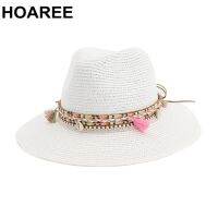 HOAREE หมวกบังแดดฟางสีขาวชายหาดหมวกปานามาผู้หญิงหมวกแก๊ปหน้าร้อน Sombrero หญิง Fedora ผู้หญิงลำลอง Chapeau