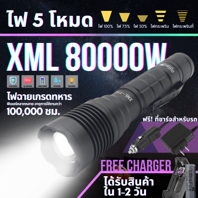 ไฟฉาย XML T9 80000W ไฟฉายแรงสูง ไฟฉายพกพา ไฟฉายเดินป่า ไฟฉายเกรดทหาร ไฟฉายชาร์จไฟ LED ซูมได้ แสงไกล ความสว่างสูง แข็งแรงทนทาน By FullCart