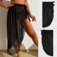 ผู้หญิงตาข่าย See-Through Beach บิกินี่ Cover Up Wrap ผ้าพันคอชุดว่ายน้ำ Pareo Sarong Dress Solid Ruffle Casual Beach Dress