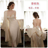 2023 Hot Satin Stitching Lace Sexy V-Neck Plus Chest Pad Flounced Sleeve Long Ladies Homewear Pajamas Set Q3174