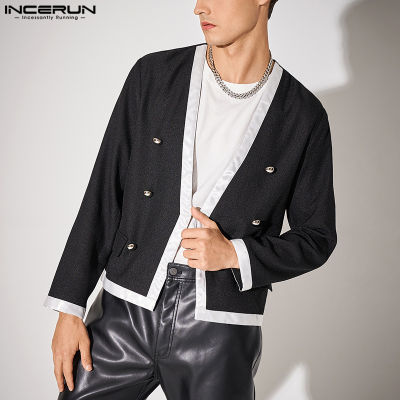 INCERUN เสื้อโค้ทคาร์ดิแกนแขนยาวสำหรับผู้ชายเสื้อแจ็คเก็ตตัวสั้นด้านหน้าคอวี (สไตล์ตะวันตก)