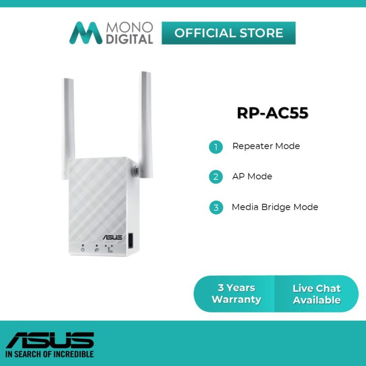 support chokerende Midler Asus Range Extender RP-AC55 AC1200 WiFi Repeater Wireless WiFi Booster  Dual-Band Wireless Repeater RP AC55 | Lazada