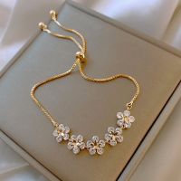 Korean Style Zircon Flower Rhinestone Bangles/ Fashion Adjustable Gold Flowers Charms Bracelets/ Micro Inlaid Crystal Flower Bracelets Party Jewelry Gifts
