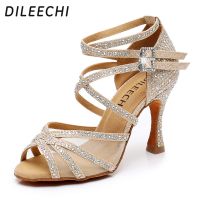 DILEECHI Latin Dance Shoes Gold Glitter Rhinestones With Net Womens Ballroom Dancing Shoes Salsa Soft Shoes High Heel