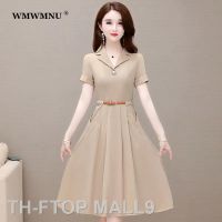 2023FTOP MALL9 Office Notched COLLAR ชุดจีบแฟชั่นเกาหลีแขนสั้น MIDI Vestido เข็มขัดฤดูร้อน Dresses