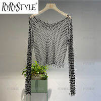 RYRYSTYLE เสื้อแขนยาวคอกลมสำหรับผู้หญิง,เสื้อสำหรับใส่เที่ยวทะเลตาข่ายประมงวันหยุดปักเพชรตาข่ายติดเพชรแบบยืดหยุ่น