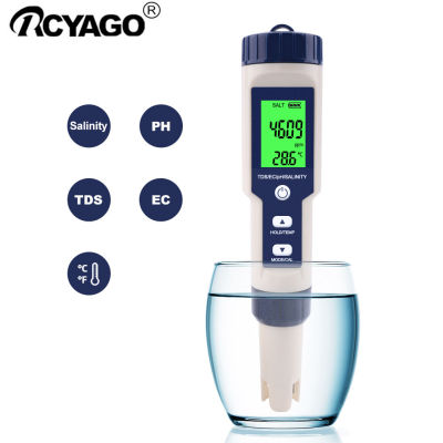 RCYAGO PHมิเตอร์ดิจิตอล 5 IN1 PH Meter &amp; เครื่องวัดความเค็ม ตัววัดความเค็มของน้ำเกลือ PH/TDS/EC/salinity/Temperature Meter for ปุ๋ยน้ำ