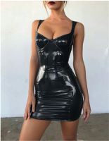 (ร้อน) เซ็กซี่ Pu Backless Club Party ชุดสั้นสีดำเปียกดู Latex Bodycon Faux หนัง Push Up Gothic Mini Micro Dress Leotard