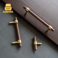 Combinant of Brass and Walnut Wood Furniture Handles Wooden Dresser Knobs Kitchen Cupboard Pull Handles for Cabinets and Drawers