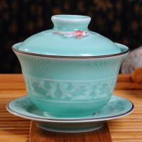 ถ้วย3D เซรามิกถ้วยน้ำชาปลาทองศิลาดลจาก Longquan Gaiwan Gongfu ชุดชา