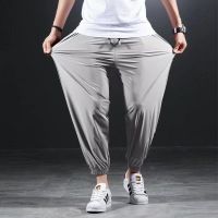 Summer Quick-drying Ice Silk Casual Pants Mens Ultra-thin Elastic Nine-point Pants Loose Drape Solid Beam Feet Pants