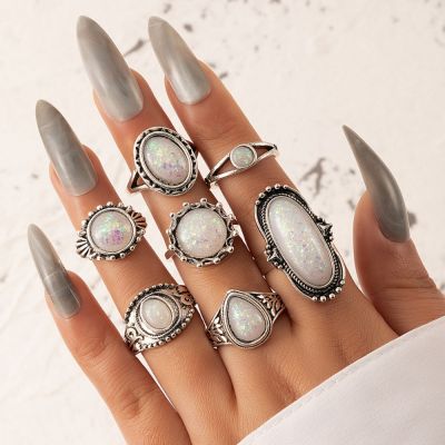 RTTFUA แหวนแฟชั่นหรูหราทรงเรขาคณิตอารมณ์เครื่องประดับแฟชั่นเกินจริงแหวนเทอร์ควอยซ์แหวนหิน Boho สำหรับผู้หญิงแหวนสไตล์เกาหลีแหวนพังค์