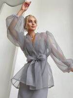 2023 Spring Summer Women Elegant Long Sleeve Solid Grey Mesh Shirt Ladies Sheer Chiffon Blouse For Woman Female