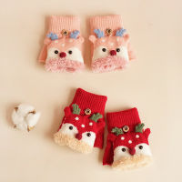 Cute Cartoon Elk Christmas Children Kids Gloves Winter Warm Flip Fingerless Golves Boys Girls Fleece Lined Half Finger Mittens