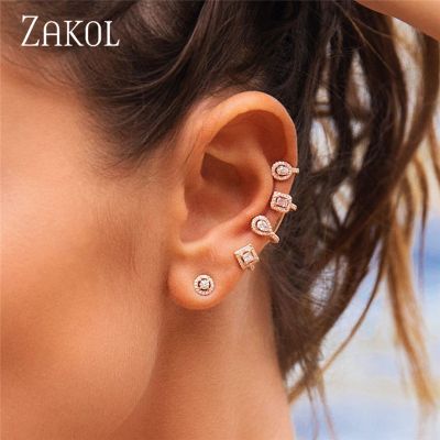 ZAKOL Personality Geometry Asymmetrical Stud Earrings for Women Trendy Square Zircon Clip Earrings Party Jewelry Bone EP2027TH