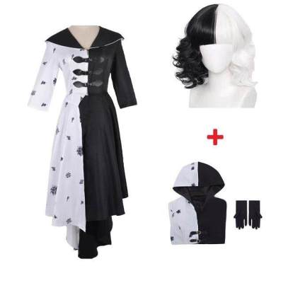Cruella De Vil Cosplay Costume 2 Styles Women Gown Black White Maid Dress with Gloves Hoodie Skirt Wigs Outfits Halloween Party