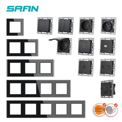 SRAN F6 Series multiple frames black tempered glass panel eu FR UN sockets and switches Dimmer Fan Foot lamp Rj45 rj11module DIY