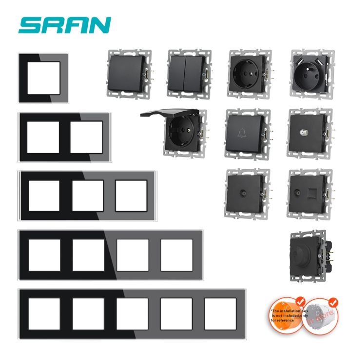 sran-f6-series-multiple-frames-black-tempered-glass-panel-eu-fr-un-sockets-and-switches-dimmer-fan-foot-lamp-rj45-rj11module-diy