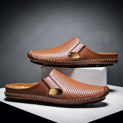 ◑▽☬ Summer Men Leather Shoes Casual Half Slip-on Loafers Breathable Shoes for Men Casual