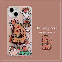 Kawaii Capybara ขาตั้งเคสโทรศัพท์รูปการ์ตูนสำหรับ iPhone 15 14 13 12 Pro Max 11 15pro การพิมพ์คู่ IMD แข็งกันแรงกระแทกด้านหลังเคสโทรศัพท์