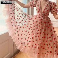 【hot】❏✾  ISAROSE 2023 Strawberry Deep V Puff Sleeve Voile Mesh Embroidery French Dresses 4XL 5XL