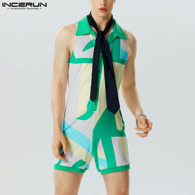 INCERUN ชุดชายหาดแขนกุดสำหรับผู้ชาย,ชุดฮาวายมีกระดุมพิมพ์ลายเสื้อคลุมมีคอเสื้อ (สไตล์ตะวันตก)