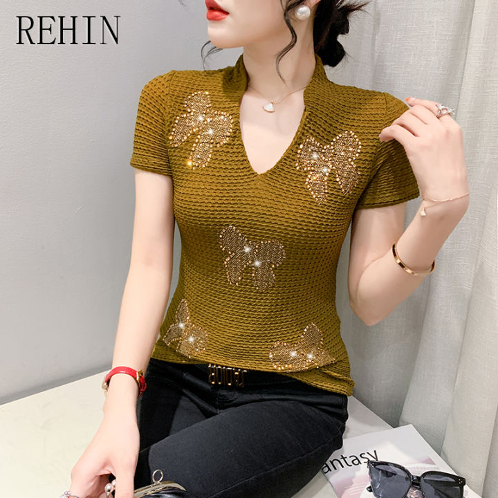 rehin-เสื้อแฟชั่นฤดูร้อนสำหรับผู้หญิง-เสื้อคอวีติดโบว์ประดับสีพื้นแบบสลิมเสื้อแขนสั้น