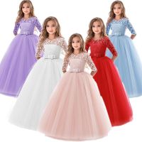 ZZOOI Flower Girl Wedding Banquet Lace Long Dress For Kids Elegant Puffy Lace Bow Birthday Party Dress Pageant Ball Gown Formal Dress