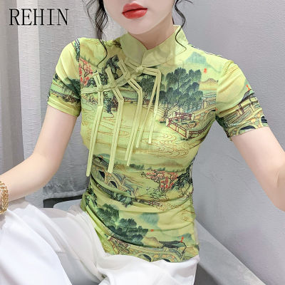 REHIN เสื้อยืดแขนสั้นภาพวาดหมึกผู้หญิงระดับไฮเอนด์เทรนด์หรูหราย้อนยุค