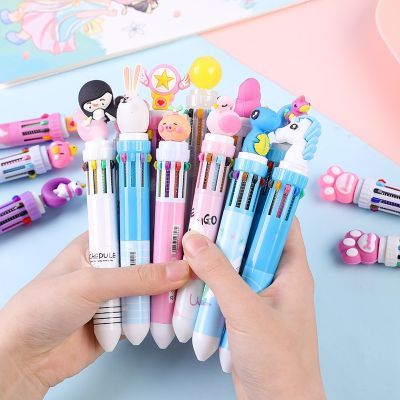 7pcs Cute Cartoon 10 Colors Ballpoint Pen Stationery Student Writing Multicolor Pens Student Learning Painting Office Supplies Pens