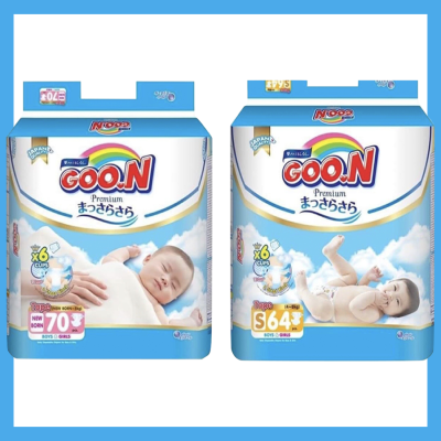 FernnyBaby กูน Diapers Goon Premium Tape x 1 แพ็ค แพมเพิส กูน พรีเมี่ยม เทป รุ่น New Born (แรกเกิด) 1 แพ็คๆละ 70 ชิ้น ไซส์ S 1 แพ็คๆละ 64 ชิ้น สินค้าดี มีคุณภาพ ราคาถูก ได้มาตรฐาน เหมาะสำหรับลูกน้อย สวมใส่ง่าย สบายตัว ไม่ระคายเคืองต่อผิว