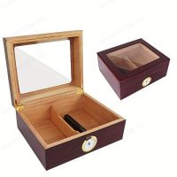 geegostudio 1pc Spanish Cedar Wood Humidor, High Quality Cigar Case, Free Cigar Cutter Cigar Humidifier With Thermometer And Humidifier For Cigar Lovers For Cigar Storage