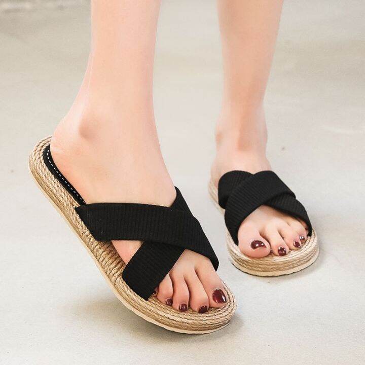 new-2023-imitation-hemp-straw-tourism-on-women-sandals-outside-wearing-a-word-procrastinates-flat-beach-fashion-cross-bring-the-slippers