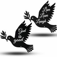 2 Pieces Dove of Peace Metal Art Wall Decor Wrought Iron Crafts Metal Ornaments Sign Pretty Artwork Wall Stickers Shape Decoration Live Love Laugh God Is Good for Home Decor