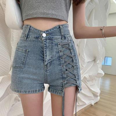 Spice Girls Show Thin Denim Shorts Women 2021 Summer New Cross Bandage Design Sense High Waist A-line Womens Hot Pants A009