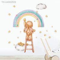 ☂ Cute Rabbit Hand-painted Rainbow Wall Stickers Stars for Bedroom Nursery Home Decor Art Eco-frienly Kids Room Decals PVC Murals