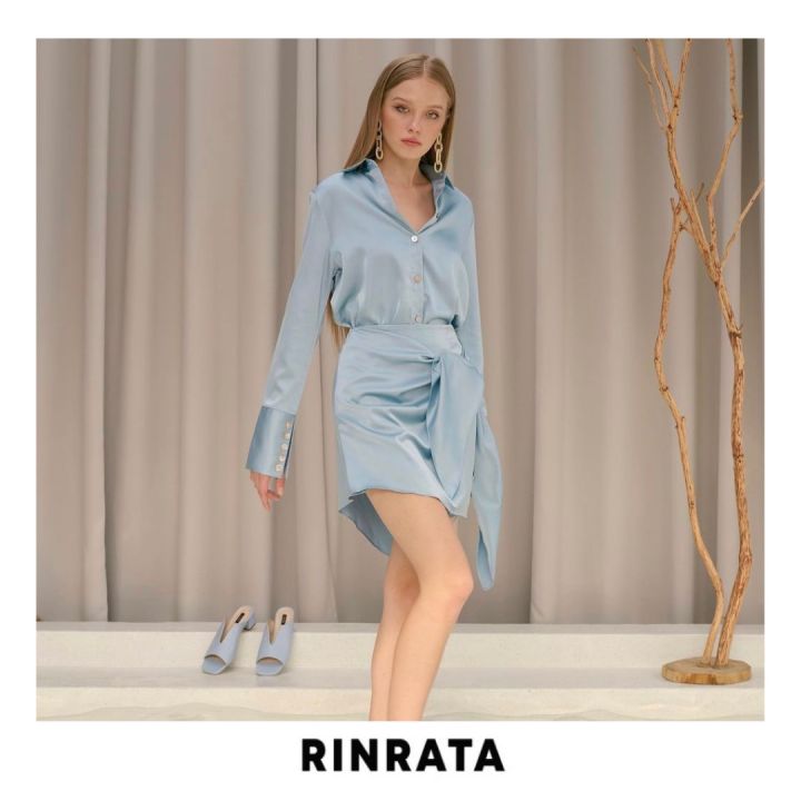 rinrata-gianna-shirt-เสื้อเชิ้ต-สีฟ้า-สีเขียว-คอปก-ผ้าซิลค์-ซาติน-นุ่มลื่น-ใส่สบาย-ทรงปล่อย-ขอบแขนใหญ่เสื้อทำงาน-เสื้อไปเที่ยว-slik-satin