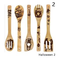 QTCF-5pcs Halloween Bamboo Wood Wok Shovels Slotted Spatula Spoon Mixing Holder Cooking Utensils Dinner Kitchen Supplies