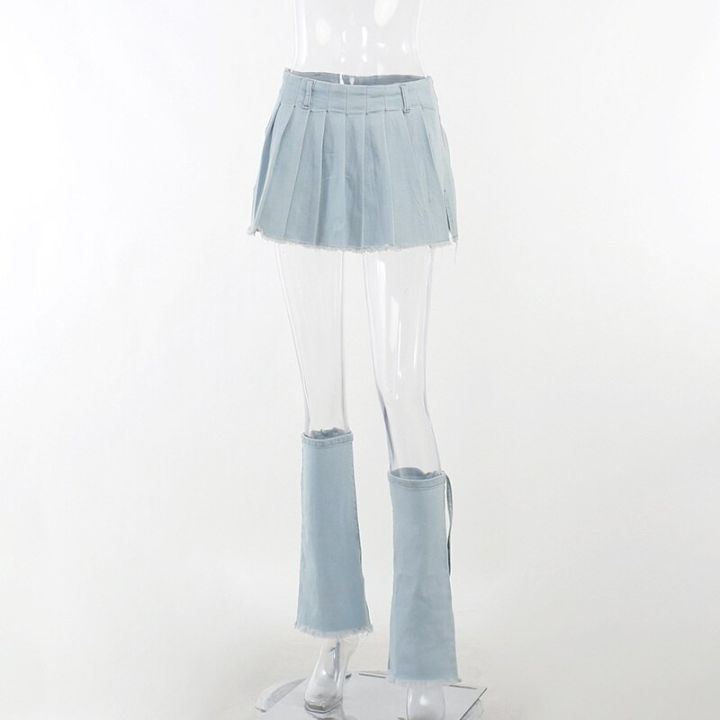 sfreyr-กางเกงยีนส์สีน้ำเงิน-y2k-กระโปรงจีบผู้หญิงแฟชั่นกระโปรงแม็กซี่ผ้าชิฟฟอนกางเกงยีนส์กระโปรงสั้นเล็กลำลองเข้าชุด