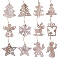 6Pcs/Set Vintage Party Wooden Pendants Ornaments with Hemp Rope Snowflake Star Angel Craft Christmas Tree Decorations Supplies