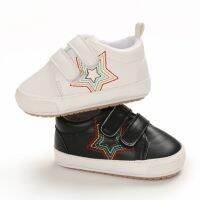 【hot】！ Kids Shoes Star Embroidery Soft Sole Walking Shoes Prewalker Footwear for Fall White/Black 0-12 Months