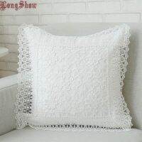 [Migu home furnishing] 45x4 LongShow ขนาด5ซม. เครื่องตกแต่งบ้านทรงสี่เหลี่ยมสีกาแฟสีขาวนวลสีเทาสีน้ำตาลอมเทาปักด้วยลูกไม้แท้ปลอกหมอนหนา