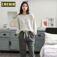 CMENIN ผ้าฝ้ายพิมพ์ลายเรียบง่ายกางเกงขายาวฤดูใบไม้ร่วงและฤดูหนาวชุดนอน Loungewear ชุดนอนสตรีชุดอยู่บ้าน 208931