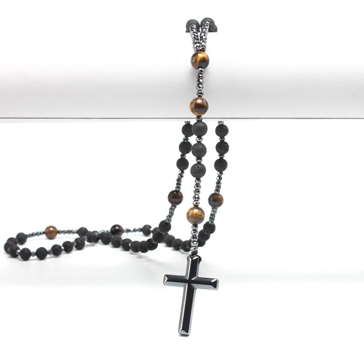 cw-natural-lava-stone-tiger-eye-hematite-cross-pendant-necklace-rosary-handmade-jewelry-for-men
