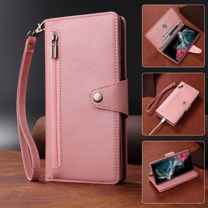 เคสโทรศัพท์สายช่องใส่บัตรกระเป๋าสตางค์มีซิปเหมาะสำหรับ-samsung-galaxy-s21-s20-fe-s23-s22-plus-note-20-a34-a54เฉียบ-a14ปกหนัง-a53