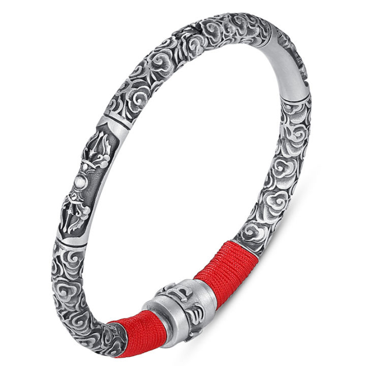 new-auspicious-cloud-six-character-mantra-silver-bracelet-female-vajra-red-string-bracelet-adjustable-opening-for-mens-jewelry