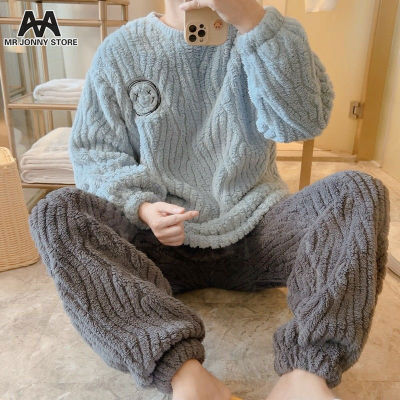 TOP☆MJ New autumn and winter mens coral fleece plus velvet warm pajamas couples nightwear cute flannel homewear suit