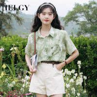 IELGY เสื้อเชิ้ตแขนสั้นสีเขียวสำหรับฤดูร้อน,เสื้อทรงหลวมเข้ากับทุกชุดเสื้อกันแดดสไตล์สดใสพิมพ์ลายและย้อมเสื้อนอกสไตล์ฮ่องกง